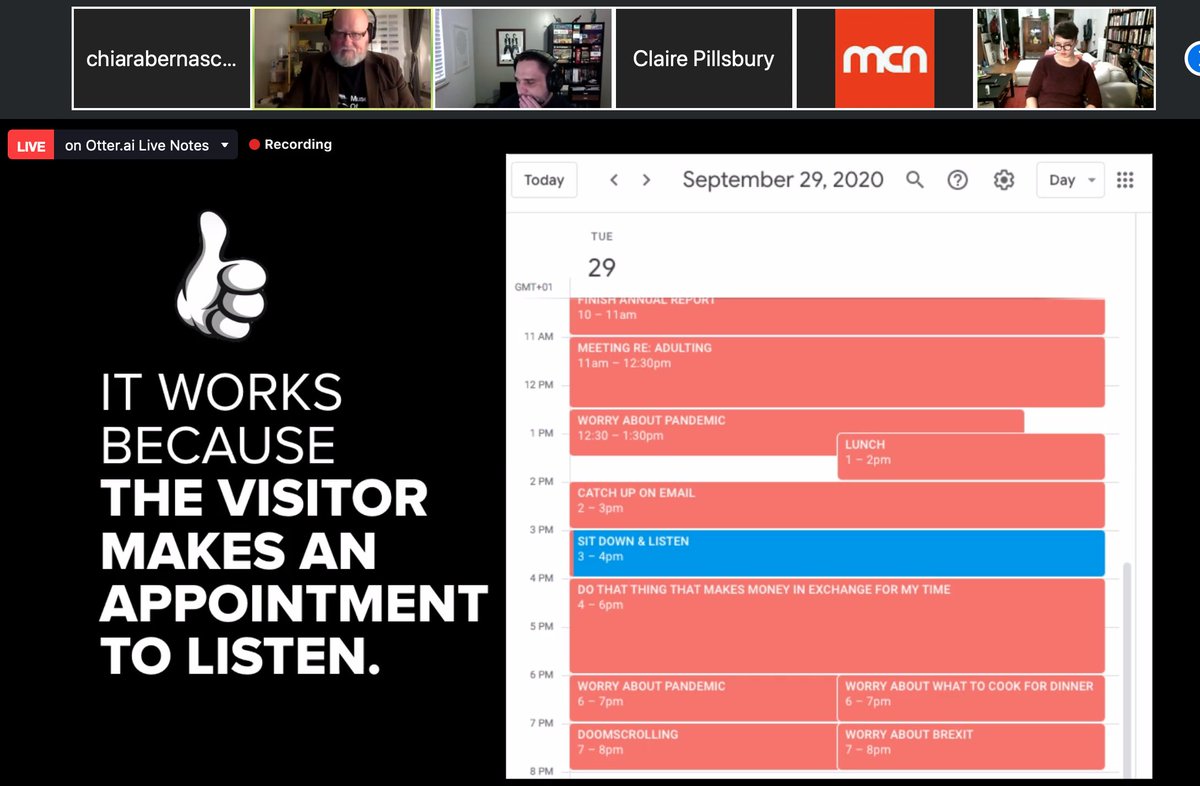 c_bernasconi's tweet photo. I love this idea of making an appointment to listen, it works on so many levels. Thank you @museumsound #MCN2020 https://t.co/W7WbyifV2E