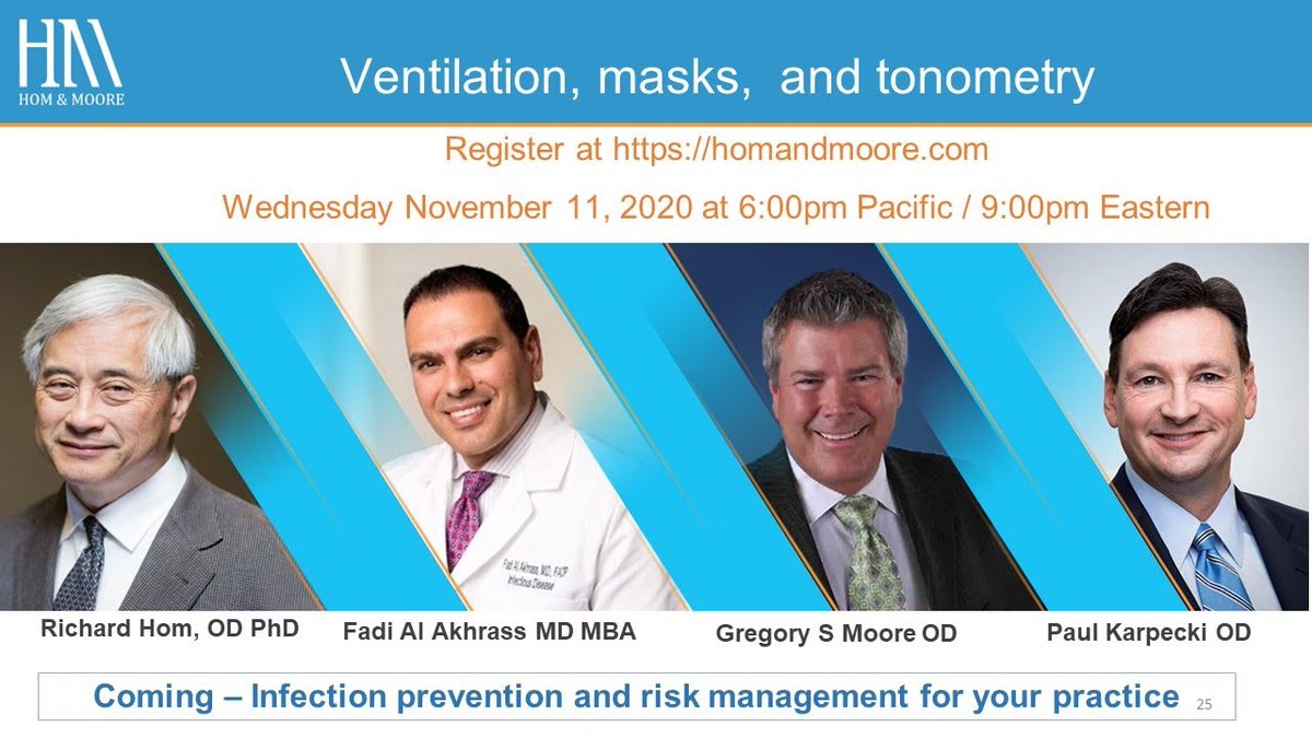 Hom_and_Moore's tweet photo. Webinar on Unintended Viral Transmission in #COVID19 to start Wed, 9pm Eastern. Register at https://t.co/JMLaN6NRuP 
Tonight, listen to ventilation and masks, safe tonometry. #optometry #ophthalmology #primarycare #medicine  #dentistry https://t.co/GI07RBngpk