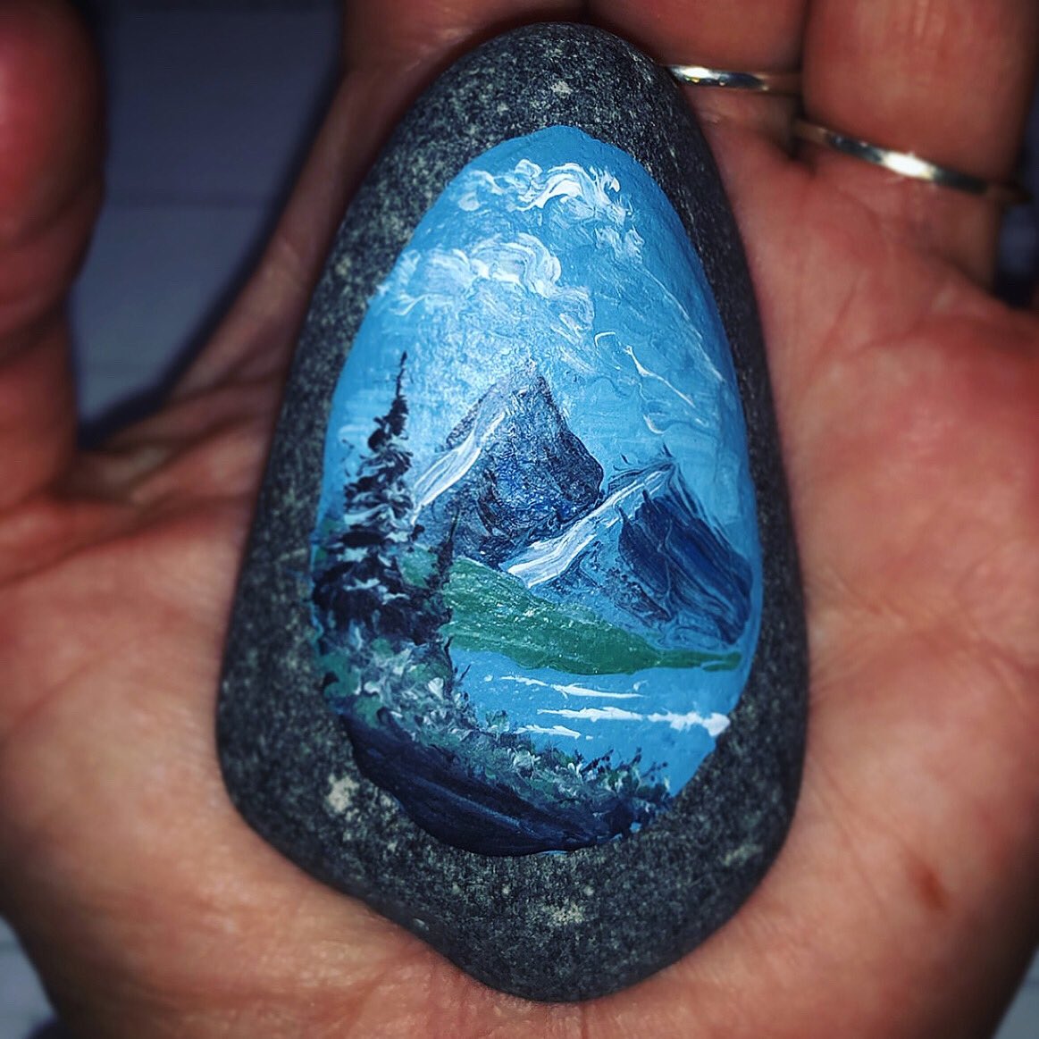 FlyersArtStudio's tweet photo. Pardon me while I brag about this beautiful painted rock one of my 7th grade boys handed me this morning! He did this completely on his own time—those fine details amaze me!!! I feel like I’m definitely doing my job. #miniBobRoss #LMSArt #paintedrock https://t.co/w2nLPXJOuG