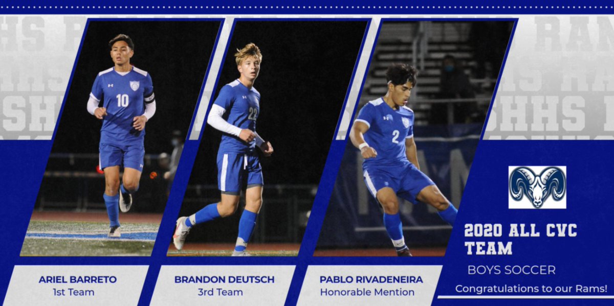 HHSRamsAthletic's tweet photo. Congrats to our boys soccer players that received All CVC selections⚽️💙!!
Ariel Barreto 1st Team Midfielder
Brandon Deutsch 3rd Team Back 
Pablo Rivadeneira Honorable Mention https://t.co/zg420hSlwX