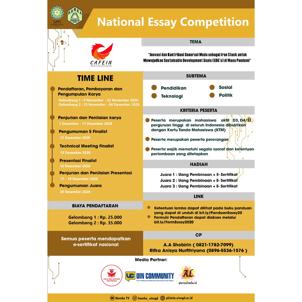 uincommunity's tweet photo. Himpunan Mahasiswa Pendidikan Kimia UIN Sunan Gunung Djati Bandung menggelar National Essay Competition, nih. Cus daftarkan dirimu via https://t.co/dja1nTGPlZ | Bisa juga liat panduannya di https://t.co/jHJlMxK5V5 #CAFEIN2020 #hamkauinsgd #uincommunity #weloveuin https://t.co/B6p52rKRaK