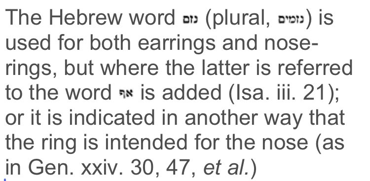 First, there is a difference between a finger ring, an earring, and a nose ring in regards to jewelry mentioned in the Holy Scriptures. A finger ring is a tabbaath, a ring for the face being an earring or nose ring is nezem, and specifically a nose ring also includes a אף on it