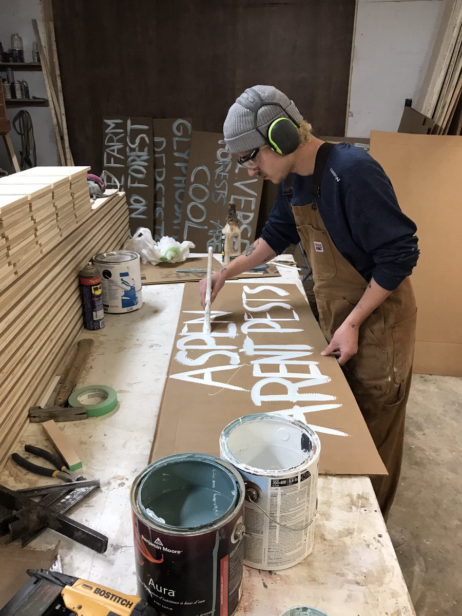 stopthespraybc's tweet photo. Taking some time off a busy work schedule to make some #stopthespraybc signs for our rally tomorrow.
The stack of wood behind the sign is maple and the sticks in the back of shop are aspen.
Wood products aren’t just conifers. https://t.co/HY5Px5JY2D