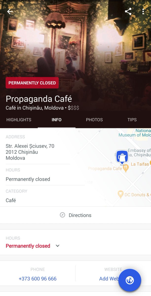 4sqMoldova's tweet photo. ⏲️ Deși închis definitiv de mai bine de o lună, #PropagandaCafé este propus și astăzi pe poziția 4 pe #Tripadvisor și în primele 20 pe #GoogleMaps și #Facebook. Găsește cele mai apreciate și „deschise” restaurante din #Chișinău și #Moldova pe #Foursquare: https://t.co/No3qdO7Ygw https://t.co/fV25zEWTKF