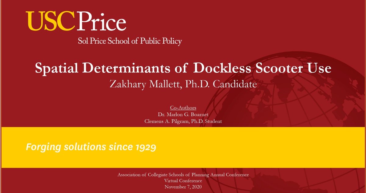 zgmallett's tweet photo. Enjoyed presenting my research w @USCPrice's @Marlon_Boarnet @capilgram on land-use correlates of #dockless #escooter use at @The_ACSP #ACSP2020.

In sum: Measured in trips per day per block group, employment and recreation establishment densities drive dockless scooter use. 1/n https://t.co/v5JujpQm3D