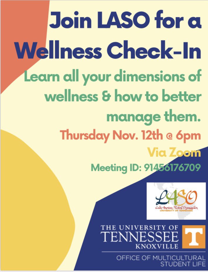 Buenas tardes,❗️this Thursday❗️, we will be having a wellness check-in for anyone and everyone wanting to learn different ways to manage stress and your all your dimensions of wellness. Stop by on Zoom and join the conversation 🧡✨💪🏼