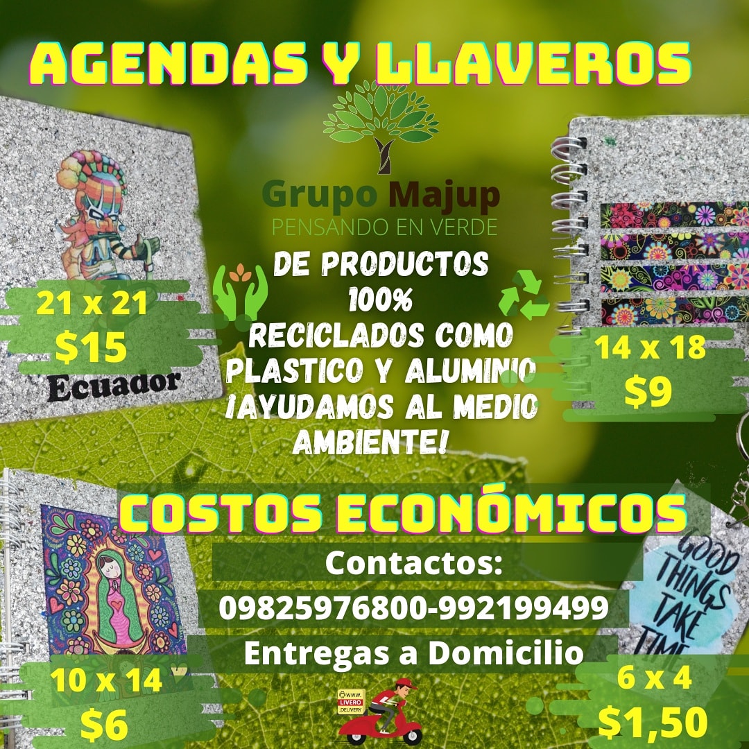 Agendas y llaveros ecológicos hechos de material 100%  reciclado a precios económicos, los puedes personalizar a tu gusto y lo mejor de todo es que ayudas al medio ambiente.
Promociones especiales en pedidos al por mayor. ♻💚
Contactate al 0982597680 / 0992199499