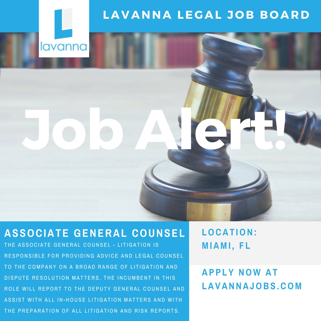 lavannajobs's tweet photo. #Job Alert! There's an opening for an Associate #GeneralCounsel at a #LawFirm in #Miami, #FL. Check it out and others at the Lavanna jobs website! #applynow #hiringnow

https://t.co/ti8FEF36wK https://t.co/3qJcSxcy6q