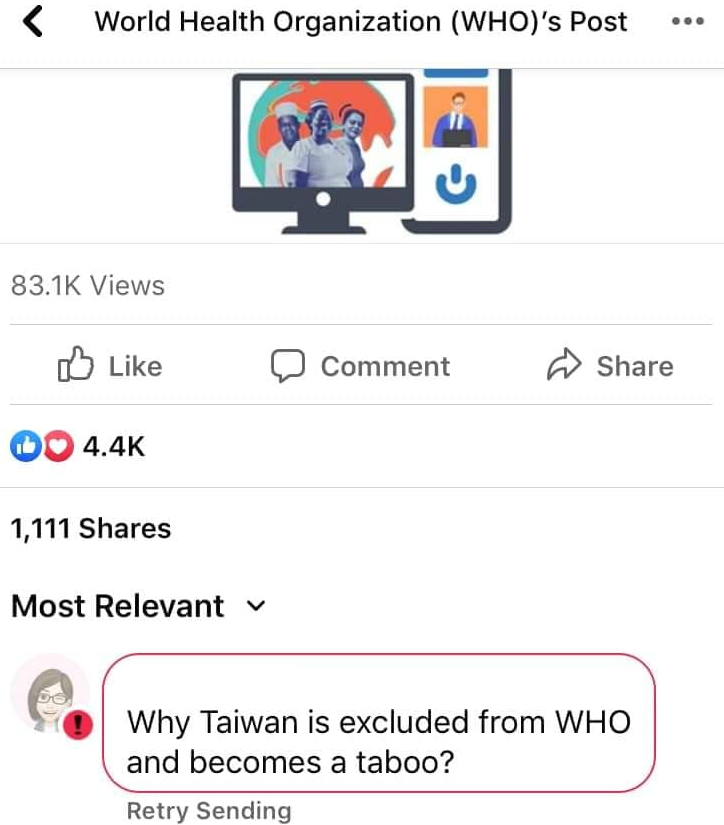 chiehtingyeh's tweet photo. The @WHO's Facebook account seems to be blocking the word "Taiwan" from being posted in comments: https://t.co/NuoVG8R0jS