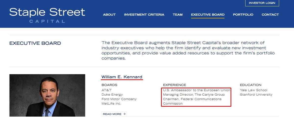 5/ In 2018, Dominion Voting Systems was acquired by Staple Street Capital. William Kennard, the Chairman of the Board at Staple Street Capital was previously the Ambassador to the EU under Obama and the FCC Chief under Clinton.