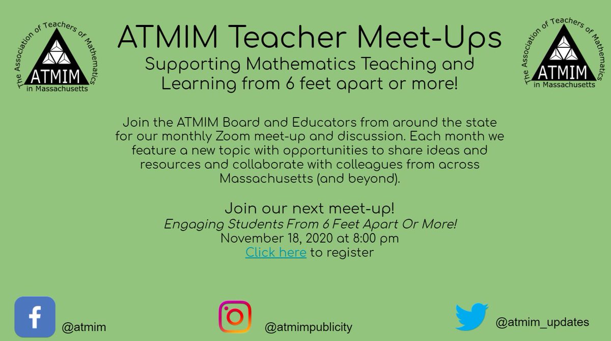 ATMIM_Updates's tweet photo. We are excited by the support and ideas shared between math educators at our meet-ups this year. Come join the fun. Register with this form https://t.co/ytxHtwiwJy https://t.co/W4dzha4DJ7