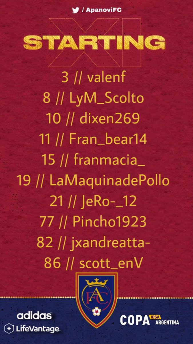 📋| Formación para seguir con la buena racha en la #CopaArgentina🇦🇷. 
.
Fecha 3🆚 #JuventudDeLiniers
Fecha 4🆚 #Oprema
.
📽A partir de las 23:00 seguinos por twitch.tv/juanchotoide
.
¡Vamos #Apanovi! #TodoAPV