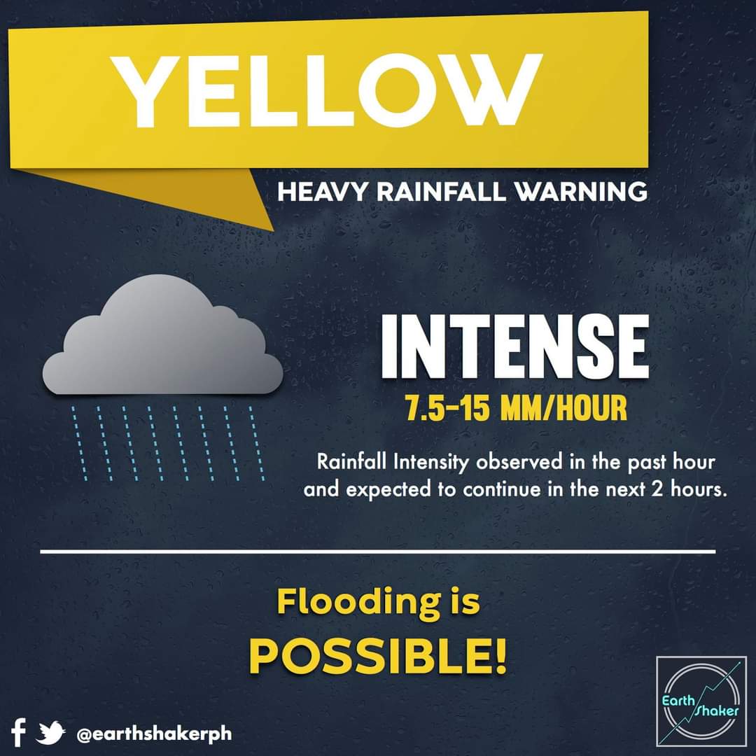 #NCR_PRSD| HEAVY RAINFALL WARNINGS (8:00 AM) 

RED: Metro Manila, Tarlac, Zambales, Bataan, Pampanga, Batangas, Bulacan, Rizal, Laguna, Cavite.

Serious FLOODING in flood-prone areas

YELLOW: NuevaEcija, Quezon.

FLOODING in flood-prone areas

Ingat po sa lahat! #UlyssesPH