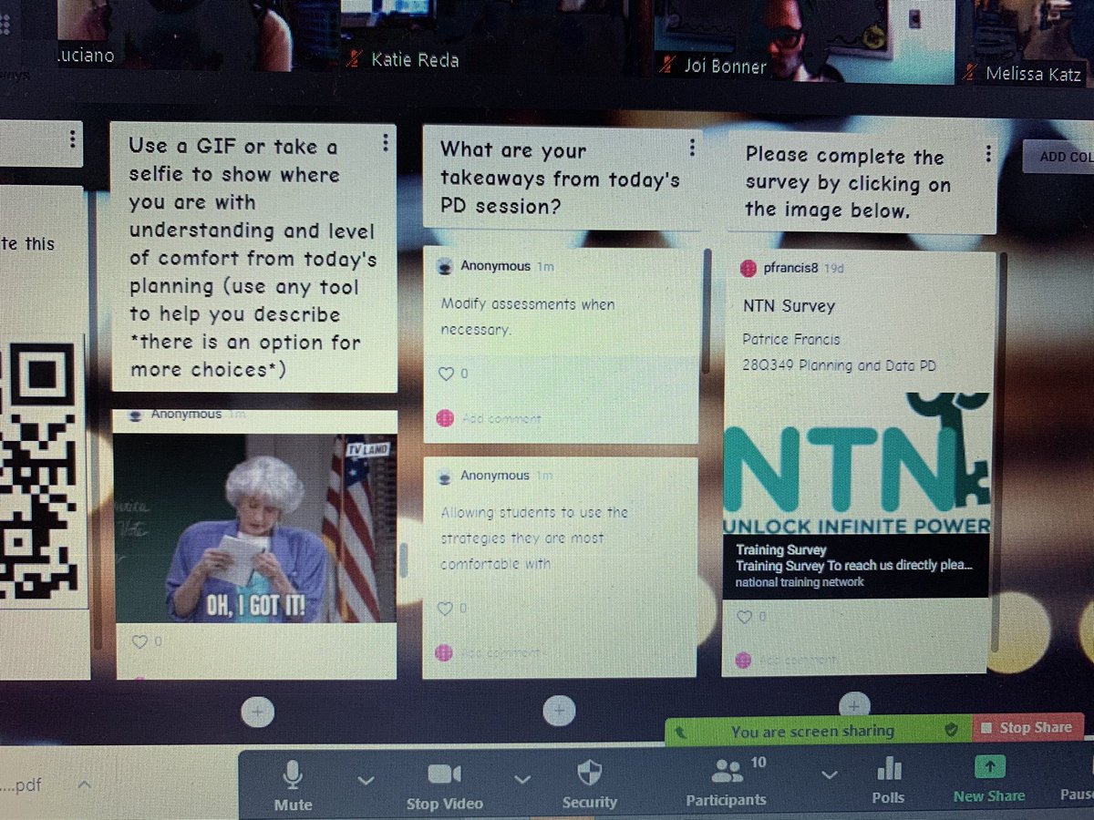 PFrancisNTN's tweet photo. Tell me how you really feel! Thank you @ps349q teachers for your feedback. I’m glad you walked away feeling like “you got it. @NTNMATH #SchittsCreek #goldengirls #planning #remotePD #zoom #padlet #data #standards #assessment #feedback https://t.co/WYQugcGSbo