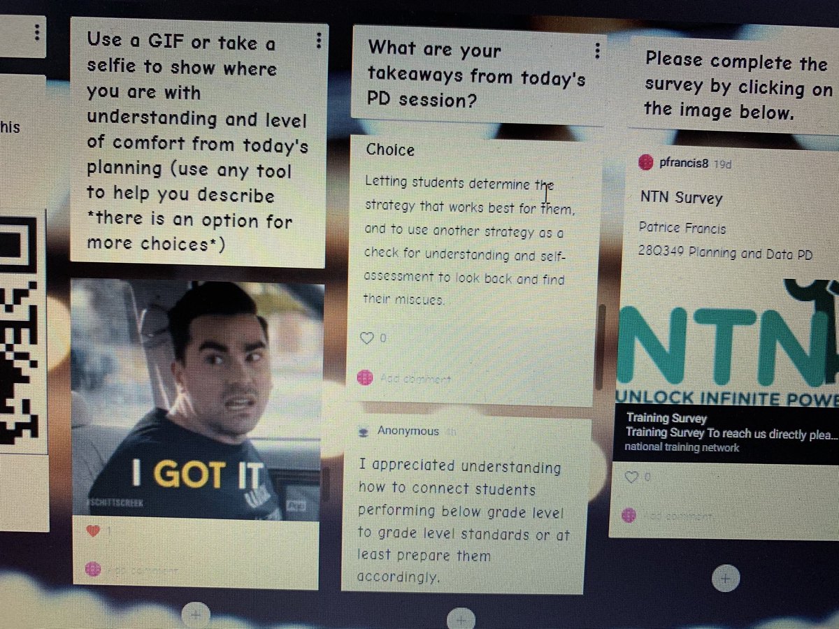 PFrancisNTN's tweet photo. Tell me how you really feel! Thank you @ps349q teachers for your feedback. I’m glad you walked away feeling like “you got it. @NTNMATH #SchittsCreek #coolcat #ready #savedbythebell #planning #remotePD #zoom #padlet #data #standards #assessment #feedback #studentchoice https://t.co/39eeP21s37