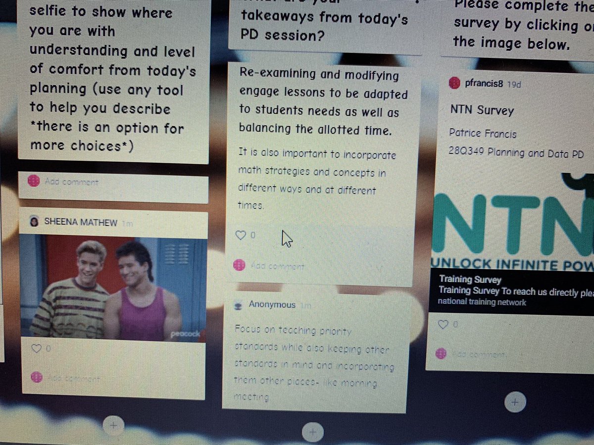 PFrancisNTN's tweet photo. Tell me how you really feel! Thank you @ps349q teachers for your feedback. I’m glad you walked away feeling like “you got it. @NTNMATH #SchittsCreek #coolcat #ready #savedbythebell #planning #remotePD #zoom #padlet #data #standards #assessment #feedback #studentchoice https://t.co/39eeP21s37