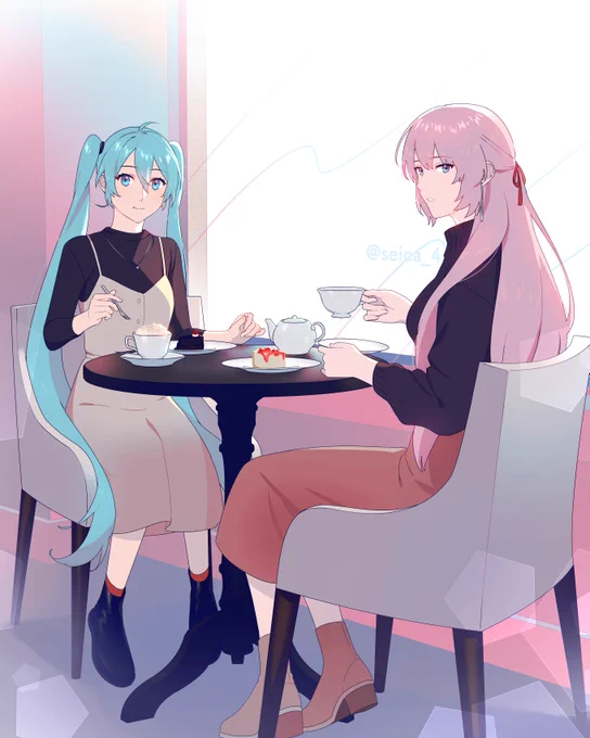 ピアプロ運営です。本日は #洋服記念日 という事で「洋服」作品をご紹介!seicaさんのミクとルカ!カフェでお茶をする2人…ほっとする雰囲気が良いですね(*'ω`)【https://t.co/A0MOFPKsSh】 #piapro #初音ミク #巡音ルカ 