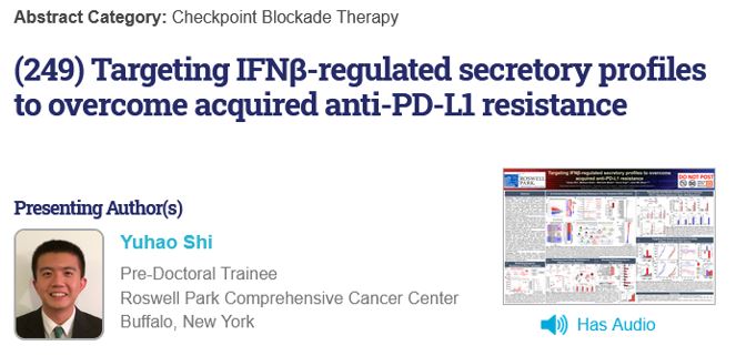 EbosLab's tweet photo. Check out Yuhao (Tom) Shi @tshi42 from @EbosLab presenting his poster today #SITC2020. Listen to the audio summary and ask questions! @RoswellPark @GeneticsRoswell https://t.co/V5NhO4ur2P