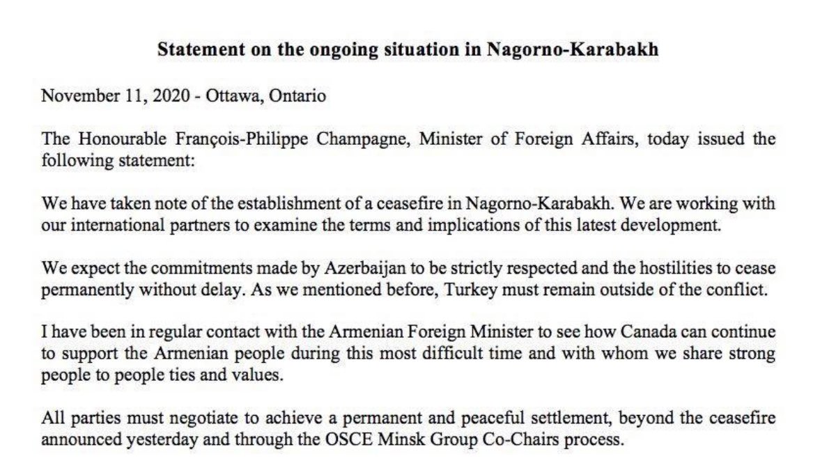 FP_Champagne's tweet photo. 🇨🇦 has taken note of the establishment of a ceasefire in #NagornoKarabakh. We're working with our int. partners to examine the terms and implications of this agreement. 

We continue to support the Armenian people with whom we share strong people to people ties.

Statement: https://t.co/LMTapcxIkf