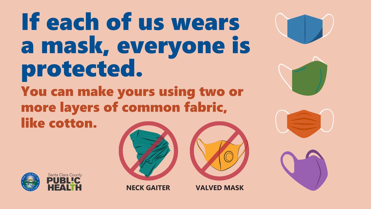 SCCgov's tweet image. A good face mask has at least two layers of material and fits snugly over your nose, mouth, and chin. These masks are NOT recommended:

🚫Neck gaiters (too loose or too thin)
🚫Masks with valves (allow unfiltered air to escape)
🚫Face shields without also wearing a face mask