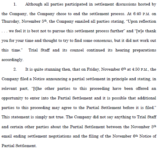 The consumer advocates -- the staff of the regulator and the attorney general -- were cut out of settlement talks, which then resulted in the utility & NGOs agreeing to logroll one another's priorities, cutting a "settlement" deal. From PUC staff: