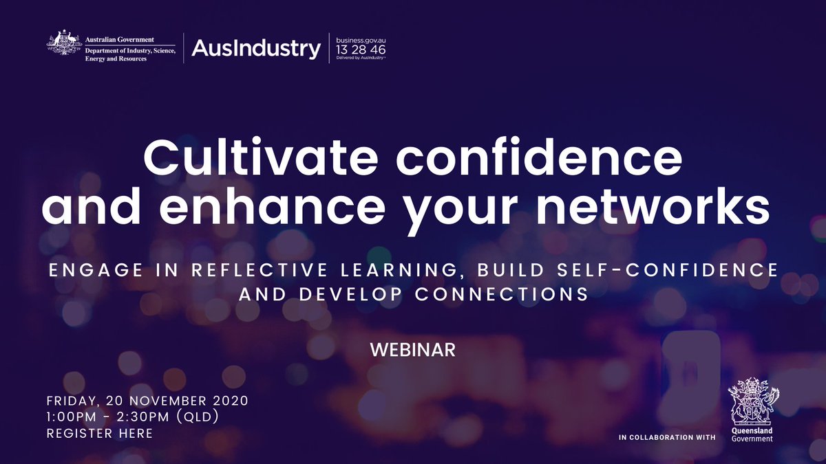 business_gov_au's tweet photo. Are you an innovative woman entrepreneur looking to build #confidence and #networks? Register now for our free webinar on Friday 20th November: https://t.co/pR0jA7oYpZ @AdvanceQld 
#womeninbusiness #womenentrepreneurs #womenfounders https://t.co/LdgXp7ryrG