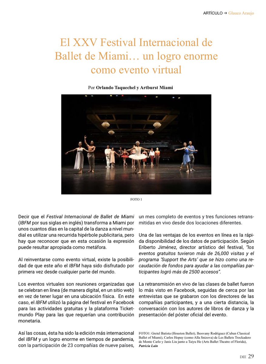 ortaquechel20's tweet photo. Gracias @casadanza1 ... por incluir mi artículo @artburstmiami sobre el pasado @intballetfest en DANZA EN ESCENA No. 47 (Noviembre 2020) #danza #festival #Miami @MHB_MIA @Photosbypatty @ArtsBallet @ddtmiami @DanceNowMiami @MiamiDadeArts @ArtsBizMiami @filmeweb @DanzadanceOrg https://t.co/PYPiQqSfwd