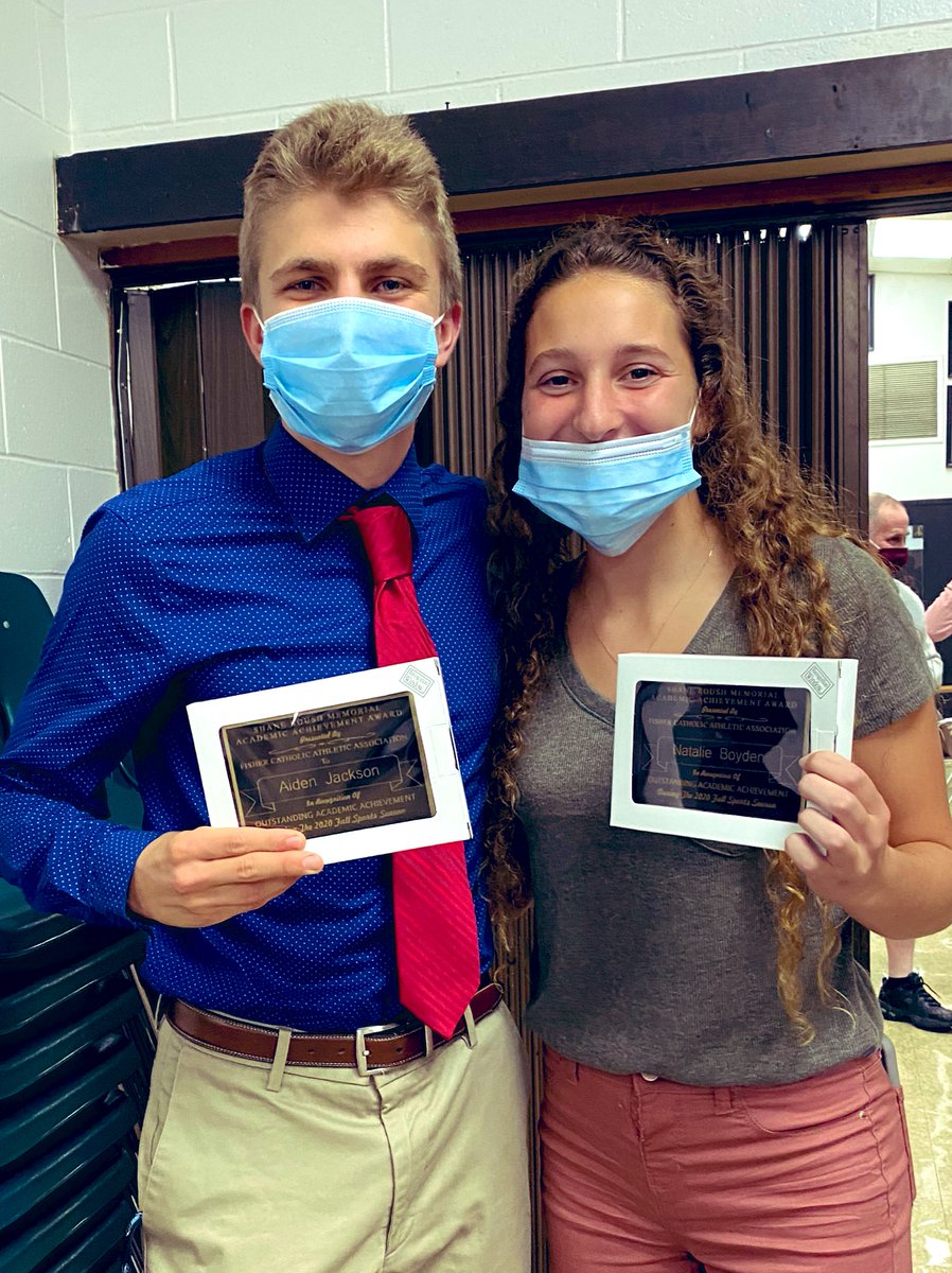 GoIrishXC's tweet photo. Congratulations to seniors Aiden &amp; Natalie who both received The Shane Roush Memorial Award, a very special award to our Fisher Catholic community, for their demonstration of sportsmanship, character &amp;  academic achievement! https://t.co/BGxX12CfFV