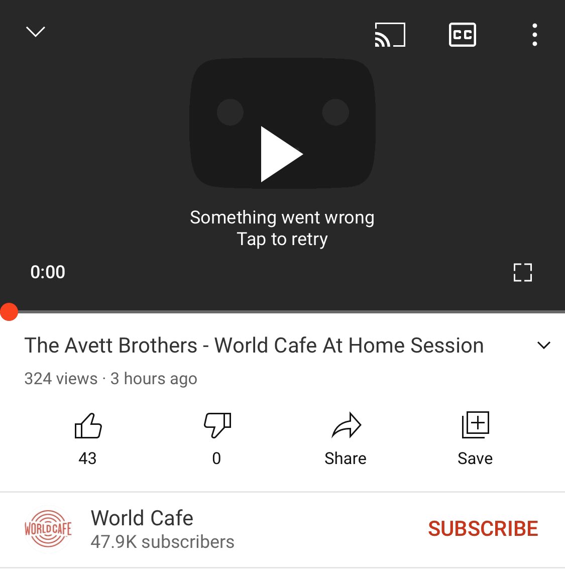 AvettVideo's tweet photo. When you finally have time to watch the new @WorldCafe video of @theavettbros but @YouTube is down 😭😭😭😭😭 https://t.co/iSz8VDWKeR #TrueSadness https://t.co/qHAKPyOSPJ