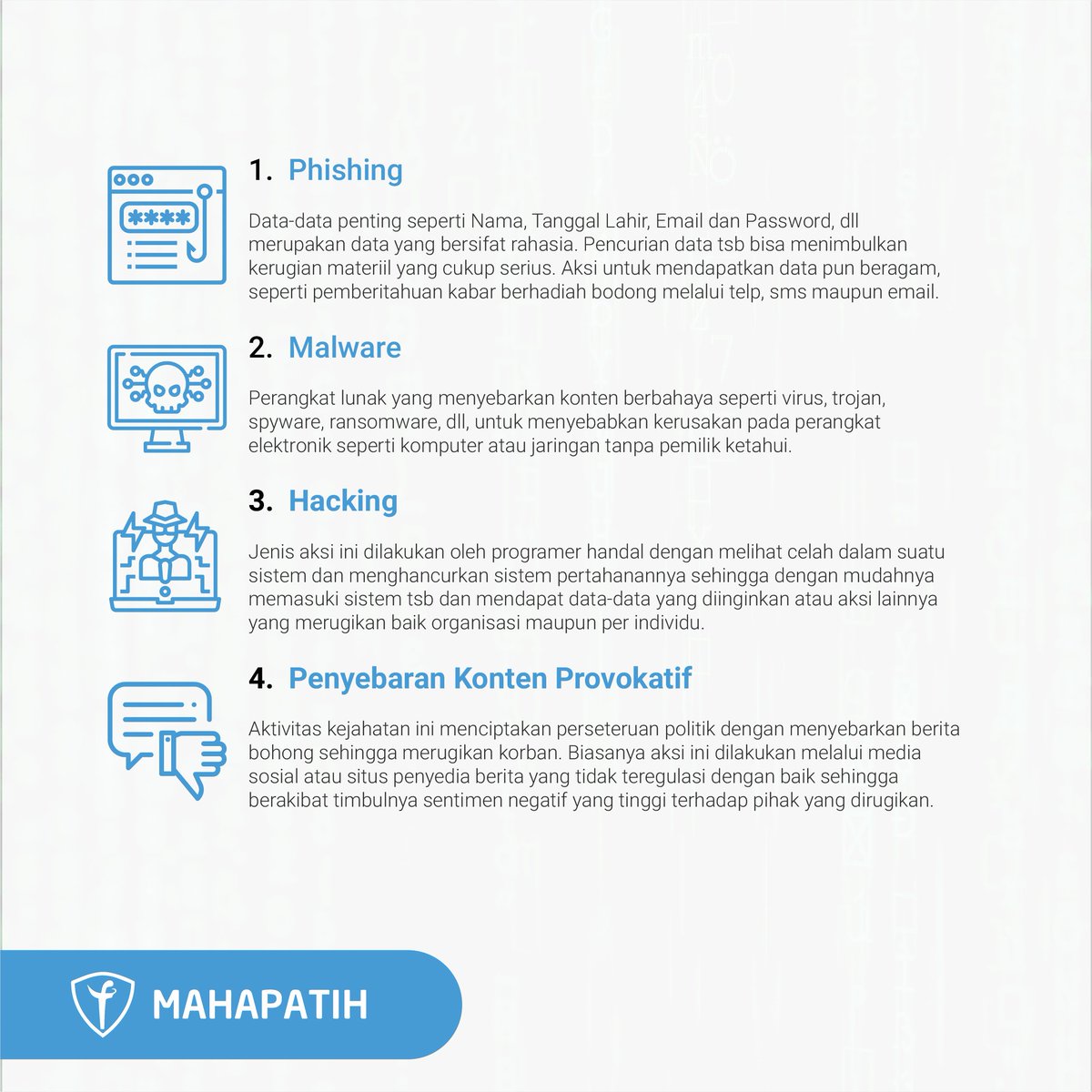 NTofik09's tweet photo. Hai #warganet dan #jagaruangsiber perlu kita tahu dibalik kemudahan internet terdapat resiko kejahatan siber yg bisa mengancam kita kapanpun. Penting utk mengetahui apa saja jenis kriminilitas tsb agar kita tetep waspada dlm melakukan komunikasi di dunia maya.
@kominfokabtegal https://t.co/tGmgZEqxUx