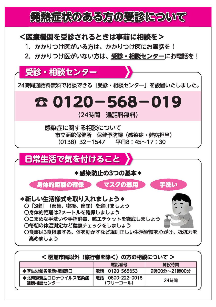 Hakodate_PR's tweet photo. 【発熱症状がある場合の医療機関への受診について】
市では、２４時間通話料無料で相談できる「受診・相談センター」を設置しました。発熱などの症状で医療機関を受診する際、かかりつけ医がいない方は「受診・相談センター（☎０１２０－５６８－０１９）」へ事前にご連絡ください。 https://t.co/yKfp9f1oDF