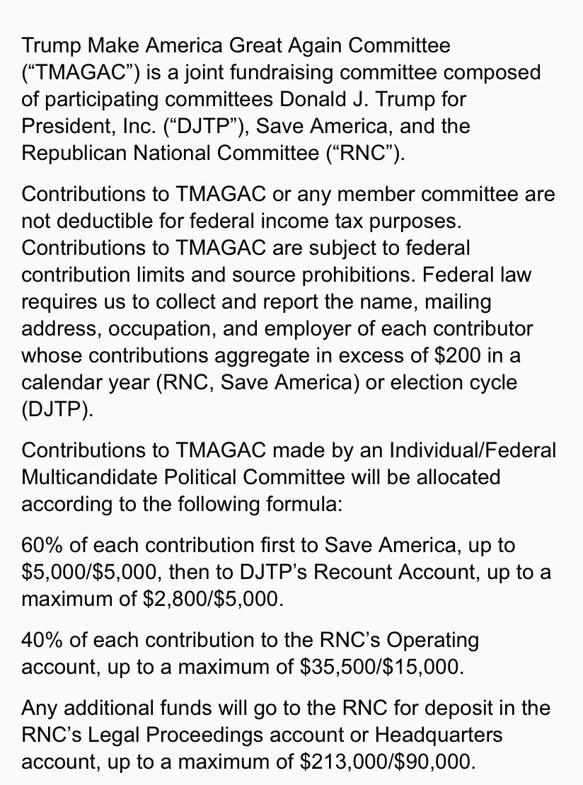 In my email box: on the left is a solicitation for money to a Georgia recount fund..on the right is the disclaimer that shows how the money won’t go to any recount account unless you donate thousands of dollars.