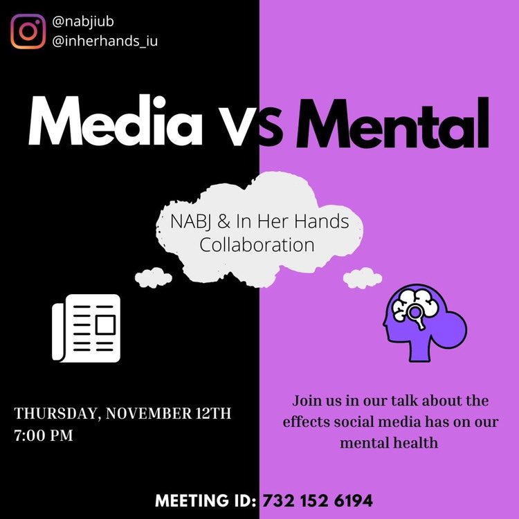 Join NABJ &amp; In Her Hands for our collaboration event, tomorrow 
Thursday November 12th <a href="/7pm/">Huong Le</a>!

We will be discussing social media and how it effects our mental health! 

Zoom: 732 152 6149