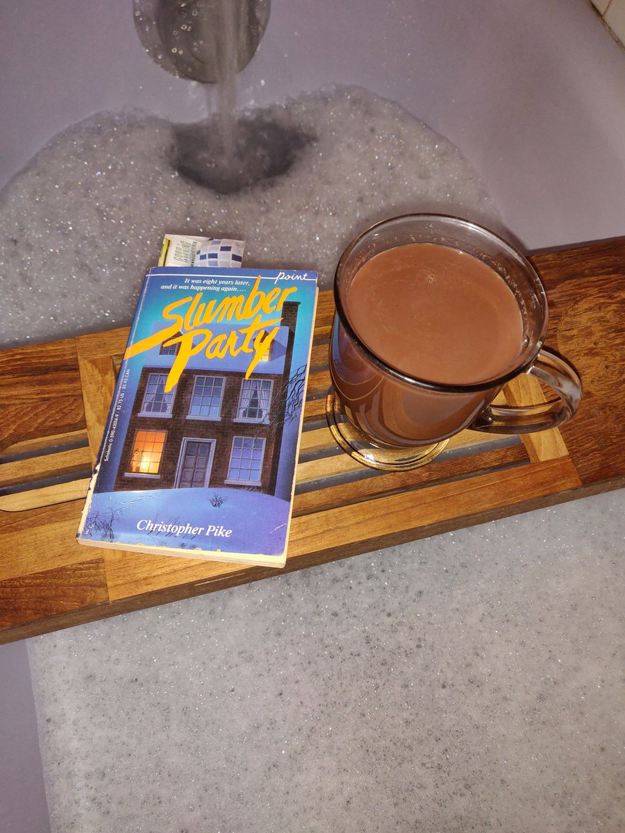 kathytrithardt's tweet photo. This week's #WednesdayTradition features Slumber Party by Christopher Pike and a homemade, spiked hot chocolate (salted caramel vodka and peppermint schnapps). #ShowUsYourPike #BookBathAndBeverage #BooksAndBaths https://t.co/MAVyBGq0Mg