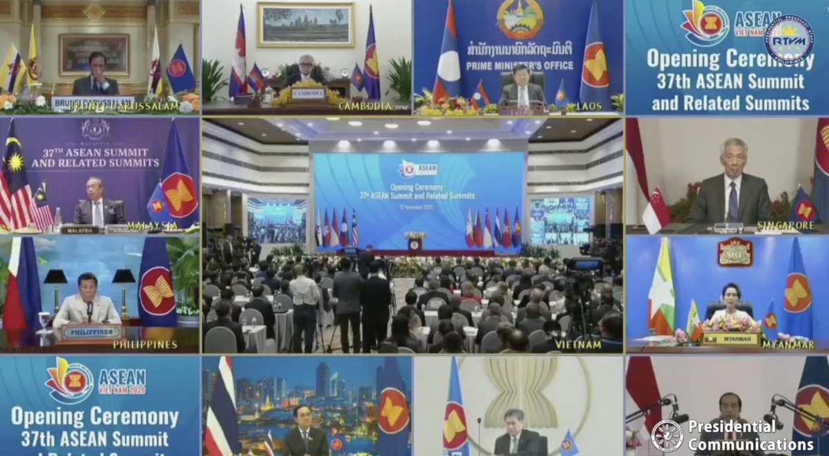 rapplerdotcom's tweet photo. @piaranada LOOK: President Duterte now attending ASEAN Summit opening ceremony along with other ASEAN leaders.

During summit, he is expected to speak about COVID-19, OFW rights, climate change, South China Sea. | via @piaranada 

Screenshot from RTVM https://t.co/s9MdNjxADl