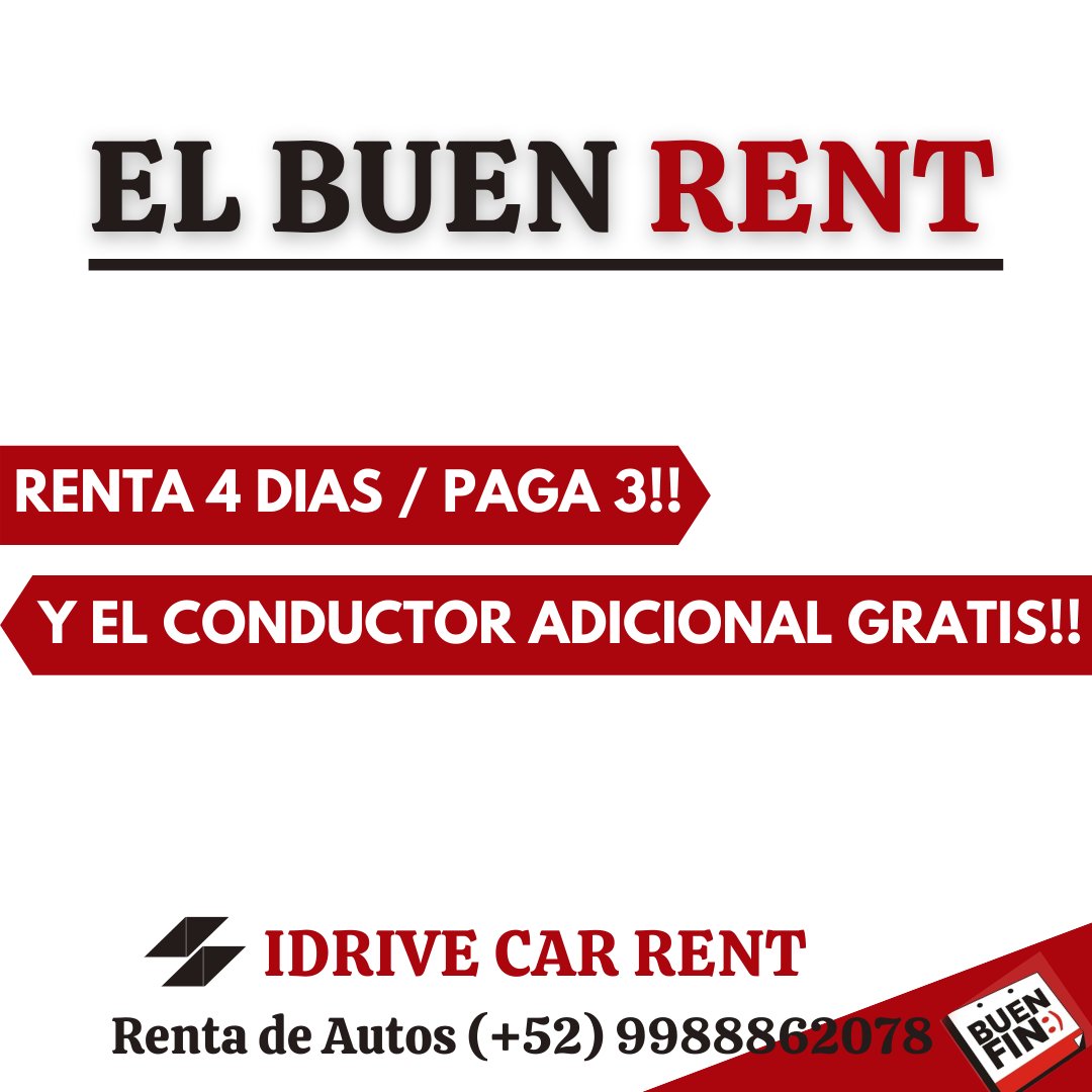 IDriveCarRent's tweet photo. Reserva 4 Dias y paga unicamente 3 y ademas, el conductor adicional totalmente #GRATIS
Reservaciones: (+52) 9988862078
#idrivecarrentcancun #rentadoradeautos #RentaUnAuto #rentadeautosencancun #alquilaunauto #alquilerdeautos #cancun #ViajaSeguro #rentaunautoencancun #buenfin https://t.co/N4LO0LvlJg