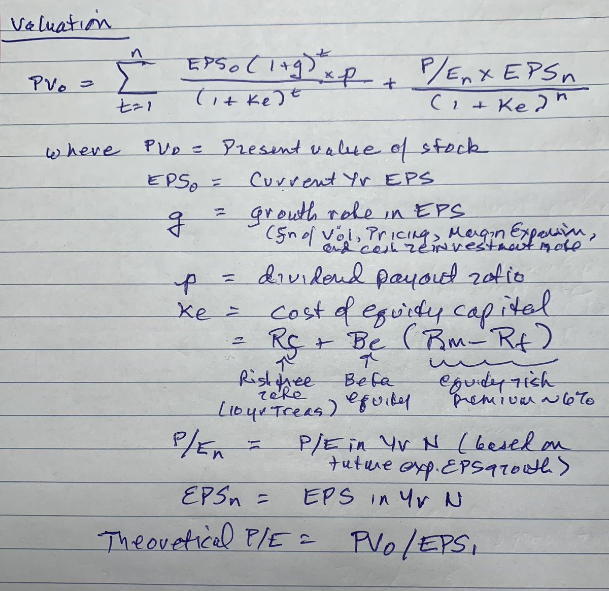 In theory, a stock’s value is the present value (PV) of all future cash flows. The theoretical correct P/E is the PV divided by next yr’s earnings. If  $TSLA ‘s PV of cash flows is $720, and FY’2022 EPS is $8.70, then the correct FY’22 P/E is 83x (see handwritten last line below).