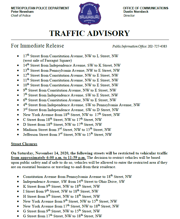 DCPoliceDept's tweet photo. TRAFFIC ADVISORY: First Amendment Activity
From 11/13/20 - 11/15/20 multiple First Amendment demonstrations are scheduled to occur in DC. There will be parking restrictions and potential street closures that motorists should take into consideration: https://t.co/6Fe1zM7QcM https://t.co/1MxQHQ9uU1