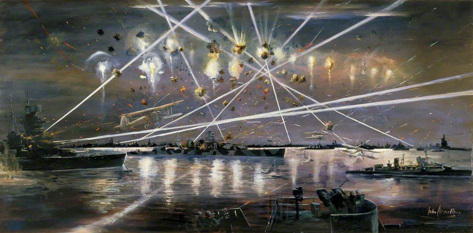 mrdavidboberesq's tweet photo. "Attack on Taranto, 11 November 1940."
By John Alan Hamilton.
Oil on panel.
H 60.9 x W 121.9 cm.
In collection of @I_W_M.
Accession # IWM ART LD 7398.
#OnThisDay
#RoyalNavy
#FlyNavy
#Taranto80 https://t.co/LmkIJ0Hxz1