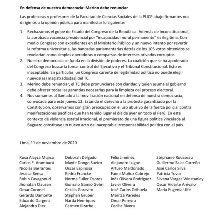 barrantes_nico's tweet photo. No es momento de pedir “estabilidad” y “unidad” sin tomar posturas claras

Profesoras/es de CCSS PUCP nos pronunciamos en defensa de la democracia: Merino debe renunciar

#MerinoNoEresMiPresidente #NoAlGolpe https://t.co/Fizi9ArYte