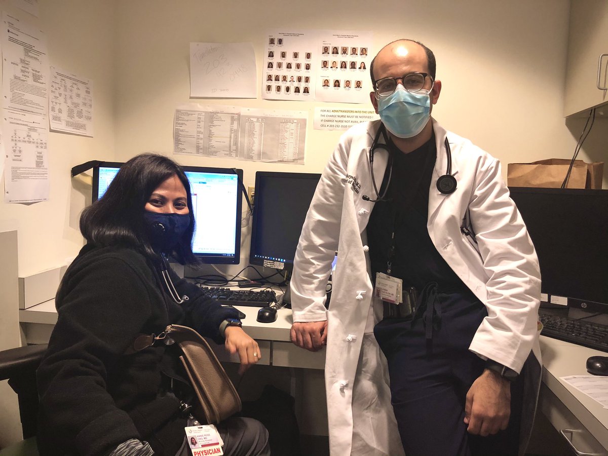 STMH_IMRes's tweet photo. PGY-3 Dr Ong (left) and PGY-3 and future chief Dr Saeyeldin (right) admitting overnight. Dr Ong will be going into primary care and Dr Saeyeldin is interested in #cardiology fellowship. #imresidency #match2021 https://t.co/XywGScUKHP
