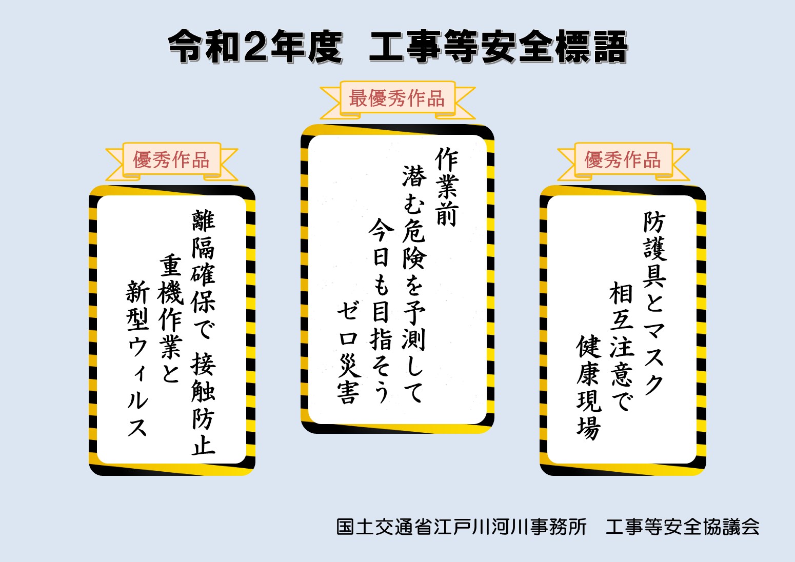 国土交通省 江戸川河川事務所 令和2年度の 安全標語 が 江戸川河川事務所 の安全協議会により選定されました 気の引き締まるとても良い標語です 河川での工事が多い時期となりますが 安全標語を元に 事故防止とコロナ対策に気をつけて工事をすすめて