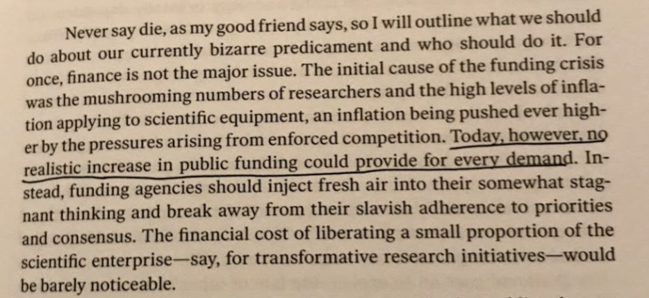 2/ Braben points out that the number of scientists has exploded to the point that just increasing the quantity of funding without changing *how* it's assigned, won't make any difference. Note that he points to the same dynamics outlined in "The Decline of Unfettered Research.