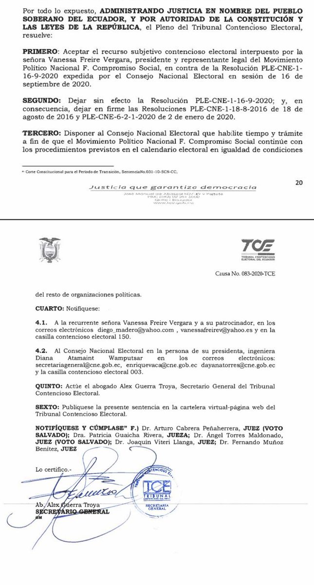 VanessaFreireV's tweet photo. El @TCE_Ecuador acepta el recurso subjetivo contencioso electoral y actuó de acuerdo a la Ley.
@CompromisoRC5 es la primera fuerza política del país; Ahora solo nos toca vencer.
@MashiRafael @ecuarauz @rabascallcarlos @pierinaescorrea . https://t.co/gwJPZObyx3