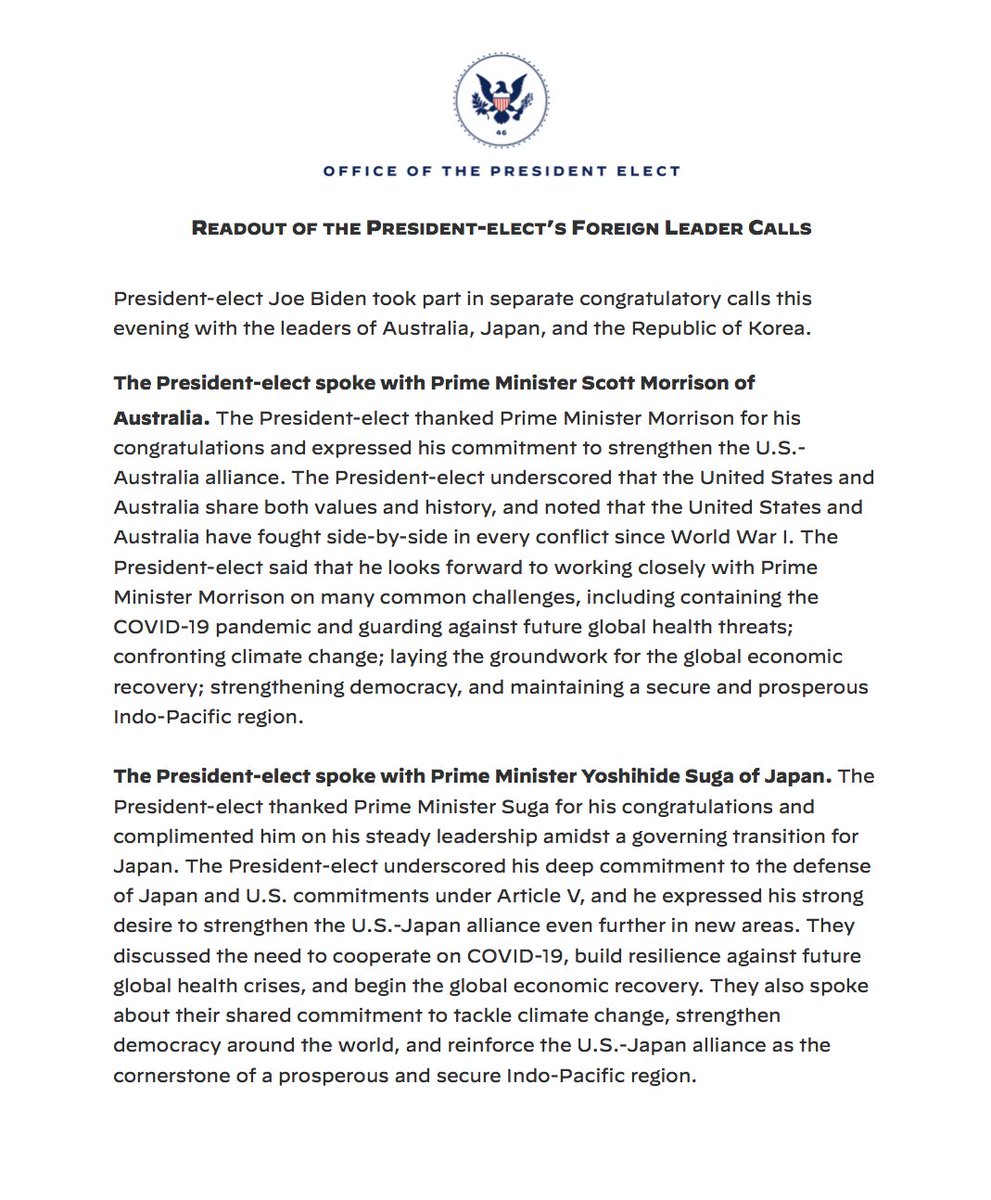 President-elect Joe Biden took part in separate congratulatory calls this evening with the leaders of Australia, Japan, and the Republic of Korea. The President-elect spoke with Prime Minister Scott Morrison of Australia, Prime Minister Yoshihide Suga of Japan, and President Moon Jae-in of the Republic of Korea.