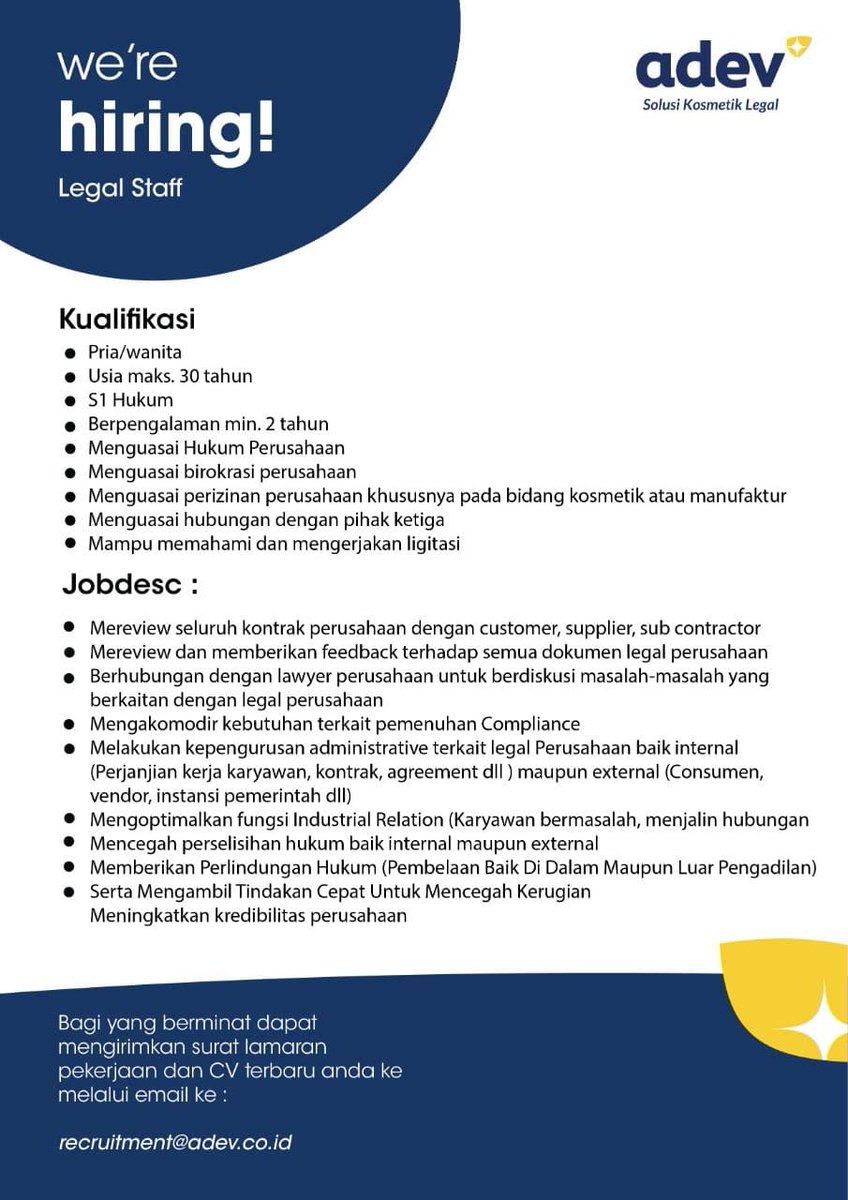 Selamat pagi, saat ini kami sedang membuka lowongan pekerjaan pada bagian 'Legal Staff' untuk penempatan Kota Bogor. Adapun syarat dan kualifikasi yang dibutuhkan selengkapnya di gambar.

Cc : 
<a href="/ezash/">Eza Hazami - ハザミ。エザ</a>  <a href="/hrdbacot/">HRD BACOT</a> <a href="/LokerBogorCom/">Lowongan Kerja Bogor</a> #lokercot
