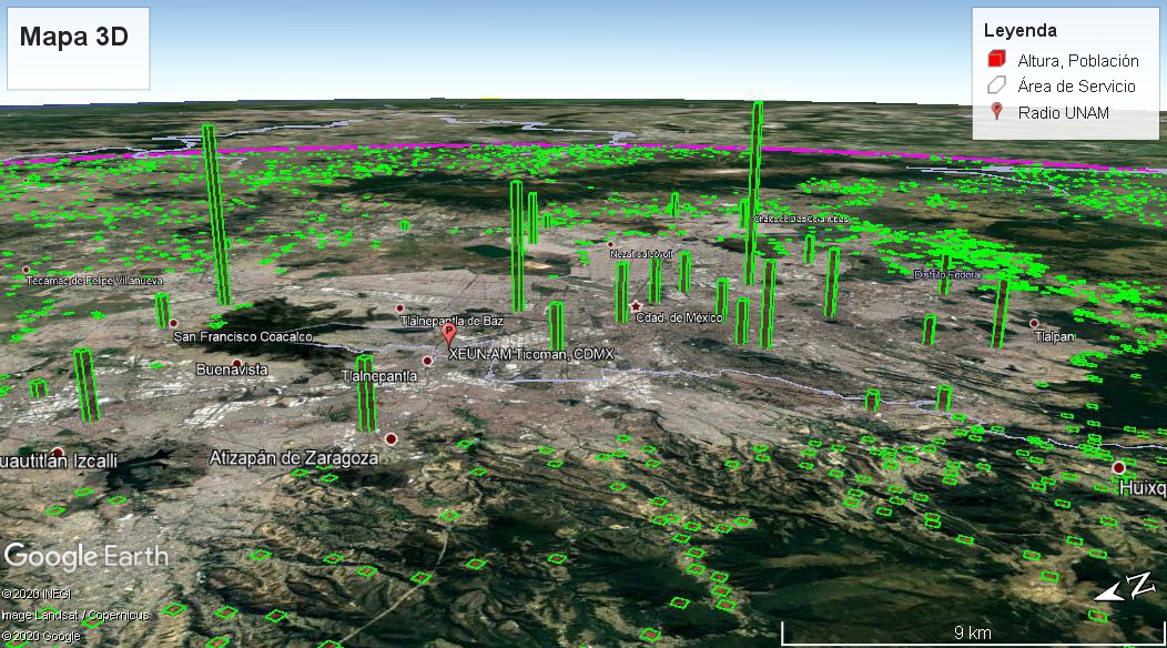armiok's tweet image. Día 11: 3D #30DayMapChallenge
Cobertura de Radio UNAM, la altura representa el número de habitantes.
Software: #ExcelMacro #googleEarth #KML