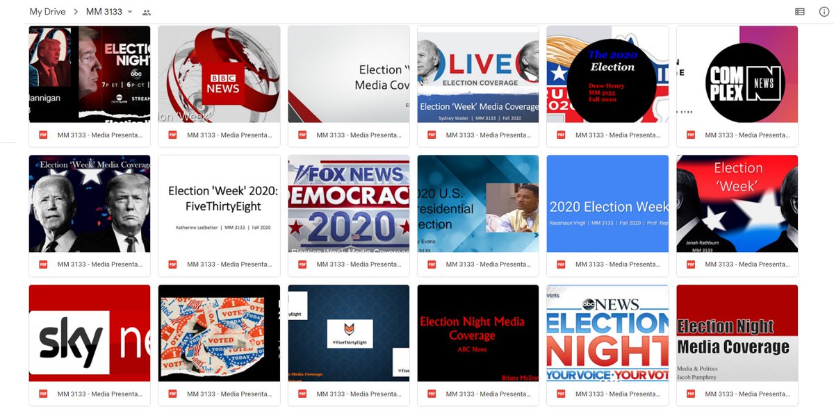 ProfJReppertSAU's tweet photo. #MM3133 - Media Presentation 4 (Election 'Week' Media Coverage) - Day 5 - Wednesday, November 11 - MM 3133/Media and Politics, Online - Fall 2020 Examples (Google Drive Screenshot) https://t.co/MOVSubuJAI