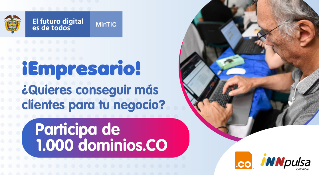 MujeresTIC_Co's tweet photo. Con #MiDominio.Co @InnpulsaCol y el @Ministerio_TIC buscan fortalecer la presencia digital de los emprendedores en Colombia.  Entregaremos 1.000 dominios .co a emprendedores que aún no cuenten con una página web. Más información:  https://t.co/QgXo3Pqtlt https://t.co/5AT2Zcb5S1