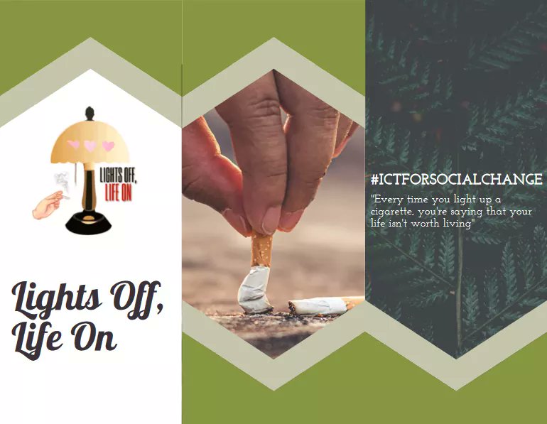 LightsOffLifeOn's tweet photo. Hello everyone! You can help us in spreading our advocacy by dowloading our first brochure and then sharing to your friends especially those who are offline. Thank you!

#ICTForSocialChange
#LightsOffLifeOn

🚭💚 https://t.co/t3nIFXnyzh